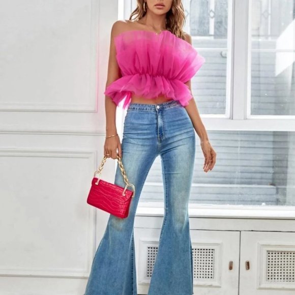 Ruffle Trim Strapless Crop Mesh Tube Top Hot pink - Picture 2 of 6